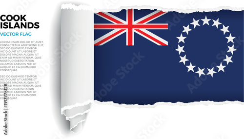 Flag of Cook Islands. Flag revealed through torn paper rolled up on a transparent background
