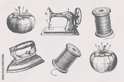 Vintage pincushion vector sketch illustration. Hand-drawn Sewing thread spool, sewing machine, pincushion, sewing, sewing button vector sketch. Eps 10