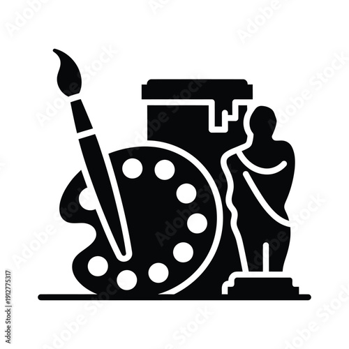 Black silhouette of artist's palette brush and statue