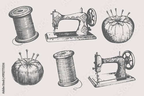 Vintage Sewing thread spool, sewing machine, pincushion, sewing, sewing button vector sketch. Hand-drawn textile bobbins for needlework. Vintage ink illustration of craft supplies. Eps 10
