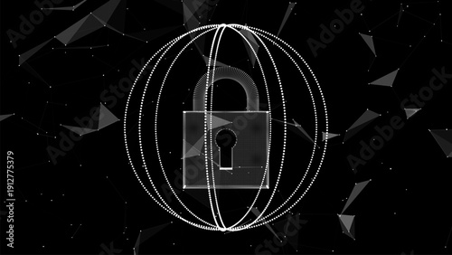 Abstract black sphere in AI big data network connection. Futuristic flow of dots and lines. Science background. 3D model dynamic security circle. Global technologies. Vector.