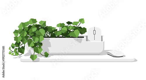 Minimalist Desk Organizer with Green Plant and Wireless Computer Mouse. Modern Office Setup Illustration on White.