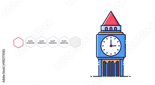 Sleep Reserves Meter and Clock Tower Icon. Conceptual illustration of sleep debt, circadian rhythm, time health, energy status tracking, and wellness vector graphics.