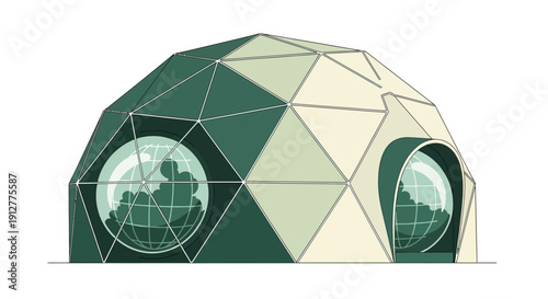 Sustainable Geodesic Dome Illustration: Earth Biosphere Habitat for Future Eco-Friendly Living on White Background