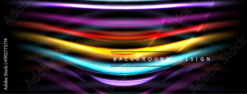 Abstract vibrant lines create flowing light effect. Dark background emphasizes colorful waves, modern design element.