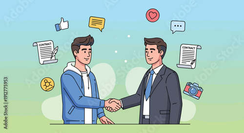 Two Men Shaking Hands Cartoon Illustration.