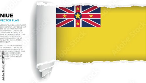 Flag of Niue. Flag revealed through torn paper rolled up on a transparent background