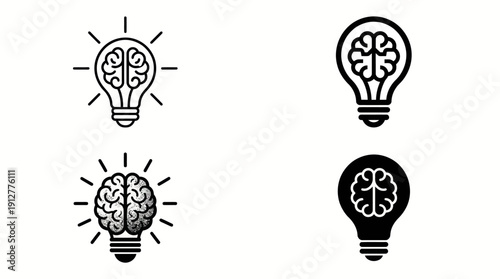 Brain in Light Bulb Vector – 4 Creative Icons of Ideas, Intelligence, Inspiration, Thinking Power, Innovation Concept, Educational Technology, Bright Idea Graphics