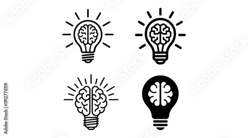 Brain in Light Bulb Vector – 4 Creative Icons of Ideas, Intelligence, Inspiration, Thinking Power, Innovation Concept, Educational Technology, Bright Idea Graphics