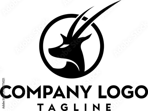 A minimalist logo design featuring a black silhouette of an antelope head within a circular frame