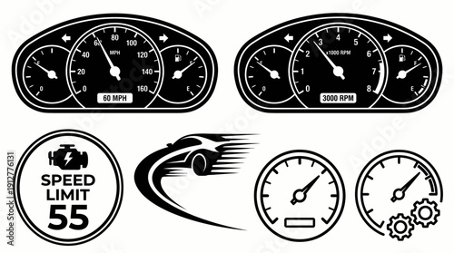 Car Speed and Performance Vector – Speedometer, Tachometer, RPM Gauge, Motor Speed Sign, Car Silhouette, Automotive Dashboard Indicators, Driving Safety, Vehicle Diagnostics Graphics