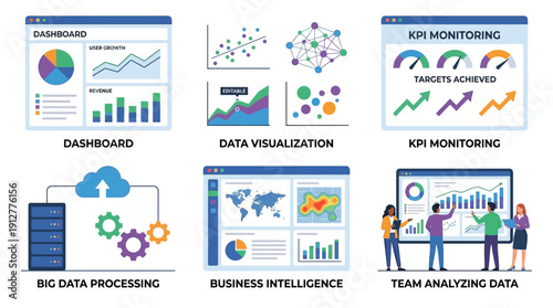 Data Analytics Infographic Vector – Dashboard, Business Intelligence, Big Data Processing, Team Collaboration, KPI Indicators, Charts and Graphs, Decision‑Making Tools, Business Intelligence Graphics