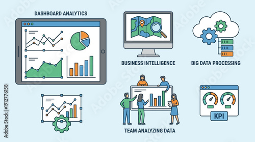 Data Analytics Infographic Vector – Dashboard, Business Intelligence, Big Data Processing, Team Collaboration, KPI Indicators, Charts and Graphs, Decision‑Making Tools, Business Intelligence Graphics
