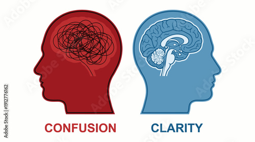 Human Head Silhouette Vector – Red Scribble Brain vs Blue Detailed Brain, Confusion vs Clarity, Psychology Concept, Stress, Mental Health, Emotional State Graphics