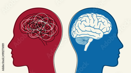 Human Head Silhouette Vector – Red Scribble Brain vs Blue Detailed Brain, Confusion vs Clarity, Psychology Concept, Stress, Mental Health, Emotional State Graphics