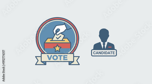 Vote and Candidate Vector – Ballot Box with Checkmark, Ribbon Banner, Political Emblem, Suit Silhouette, Election Campaign Symbol, Civic Engagement, Democracy Concept Graphics
