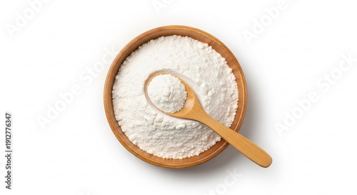 White powder in wooden bowl with spoon on white background