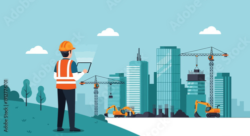Construction Engineer Inspecting Building Project Site with Tablet Vector Illustration