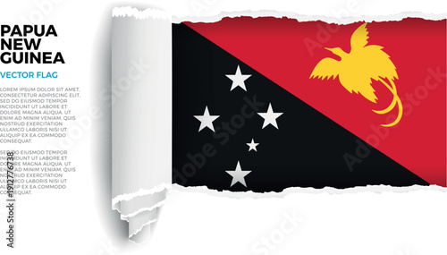 Flag of Papua New Guinea. Flag revealed through torn paper rolled up on a transparent background