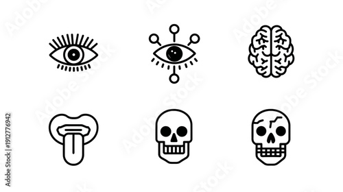 Set of human anatomy and mind line icons: brain, eyes, mouth, and skulls. Outline symbols for perception, thought, and mortality concepts.