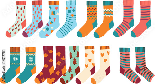 Colorful patterned socks vector illustration set with cute winter designs, cozy fashion accessories, festive clothing elements for cold season and lifestyle design