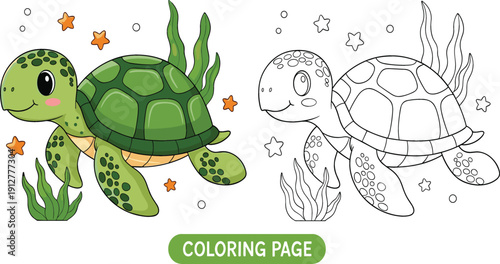 Cute sea turtle coloring page vector illustration with cartoon marine animal, colored and outline versions for kids learning activity and printable ocean design