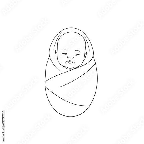 Swaddled Baby Sleeping Peacefully in Cocoon Blanket Vector - Black and White Line Art Infant Character for Kids Nursery and Children Graphics Design