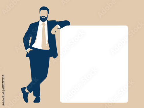 A confident businessman in a suit leans against an empty white board, symbolizing readiness for presentation, professional success, and effective communication in meetings.