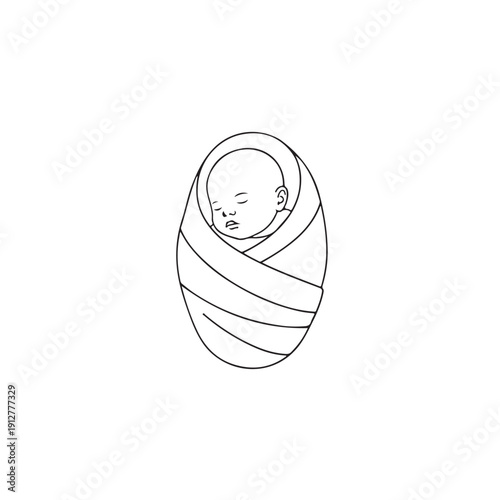 Newborn Baby Swaddled in Blanket Vector Illustration - Black and White Line Art Infant Character Design for Kids and Children Nursery Graphics