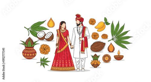 Happy indian wedding couple vector illustration standing with traditional ritual elements, coconut, mango leaves, diya and marigold flowers. Hindu marriage ceremony decoration.