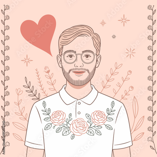 A beautifully illustrated portrait of a man with soft features, dressed in a floral shirt, exuding warmth and charm through artistic details and vibrant colors.
