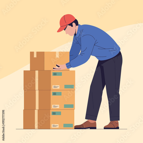 A man in a blue sweatshirt and cap meticulously organizes cardboard boxes in a warehouse environment, representing diligence and the importance of order and efficiency in logistics.