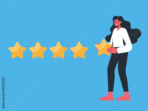 A cheerful woman stands holding a large golden star above five smaller stars, symbolizing achievement, success, and positive feedback in a vibrant, colorful design.