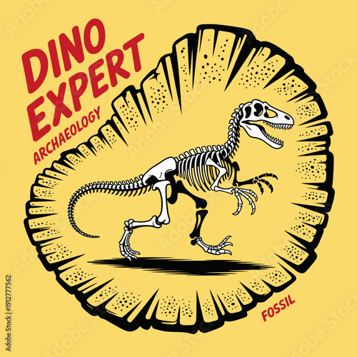 A bold graphic of a dinosaur skeleton highlighted with 'Dino Expert', showcasing archaeology and fossil discovery, appealing to enthusiasts and learners alike.