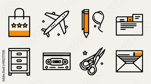 Outline vector icon set with orange accents for shopping, travel, office, retro media, and stationery items on a light background.