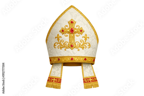 Catholic mitre with golden cross and red gems