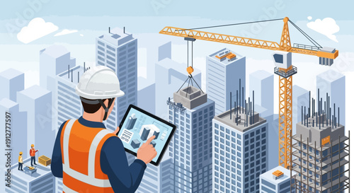 Site Manager in Hard Hat and Safety Vest Using Digital Tablet at Construction Site Vector Illustration