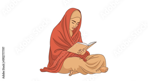 Spiritual Woman Reading Book Vector. Female Scholar or Devotee Sitting Cross-legged, Wrapped in Red Shawl. Learning, Meditation, and Wisdom Illustration.