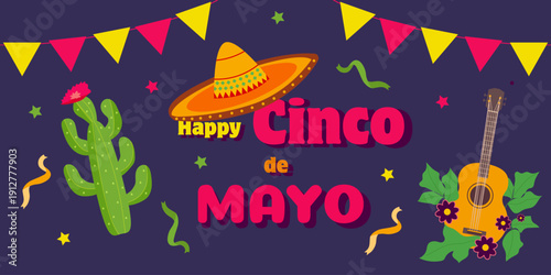Flat horizontal banner template for Cinco de Mayo celebration