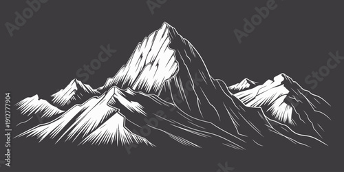 This image showcases a striking mountain peak, beautifully detailed with snow cap and rugged textures, surrounded by a range of majestic mountains in the background.