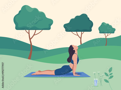 This peaceful image captures a woman practicing yoga outdoors, surrounded by lush greenery and trees, embodying wellness, tranquility, and connection with nature.
