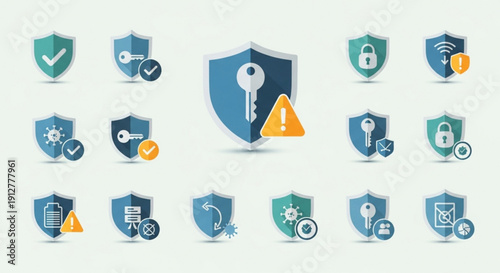 Security icons set with shields locks and keys on gray background symbolizing protection and safety concepts for cybersecurity and data privacy