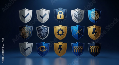 Collection of 15 security shields with various symbols on a dark blue background with reflections