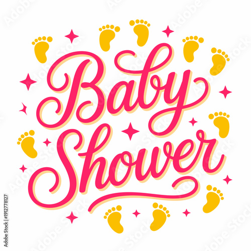 This image showcases a colorful and joyful design for a Baby Shower, featuring footprints and celebratory text, making it perfect for invitations or party decorations.