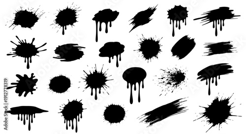 Black Ink Splatters, Paint Drips, and Grunge Brush Strokes Set