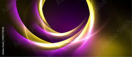 Abstract design features vibrant yellow, purple glows. Circular shapes create dynamic, modern visual impact. Dark background enhances luminosity.