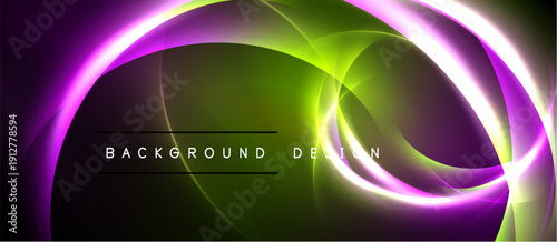 Abstract design features glowing purple, green swirls. Dark background emphasizes bright, dynamic curves. Text reads background design.