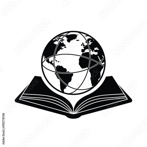 Black globe on open book earth knowledge