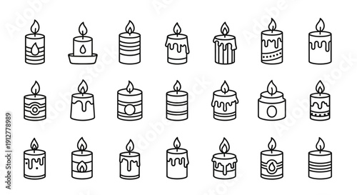 Candle Line Art Icons Set, Vector Illustration of Various Burning Candles