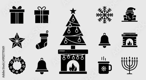 Christmas and Hanukkah Holiday Icons Set. Festive Winter Celebration Symbols Collection.